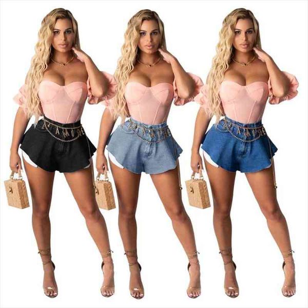

summer womens shorts fashion trend stretch all-match fan-shaped ruffled denim washed pocket zipper shorts, White;black