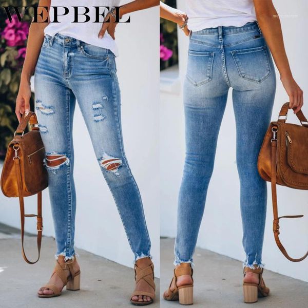 

wepbel jeans women's casual mid-waist skinny denim pencil pants spring autumn hole washed ripped bleached vintage jeans1, Blue