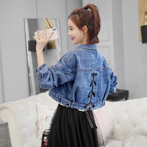 

2019 autumn winter women denim jackets cropped bomber jacket for women ladies short ribbon coat chaqueta mujer outwear, Black;brown
