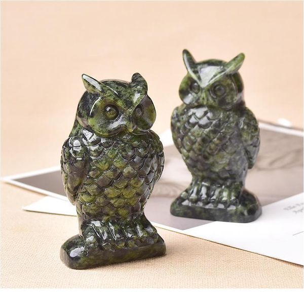 

1pc natural stone carved owl animal ornaments crystal quartz epidote crafts handmade figurine home decoration christmas jlluhf, Black