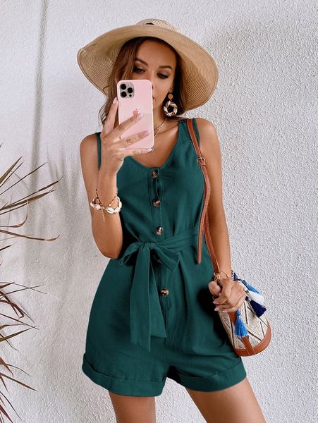 

button front belted tank romper 22fd#, White