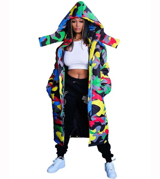 

camouflage print long sleeves zipper hooded jacket new winter women bubble coat warm streetwear style outfits, Black