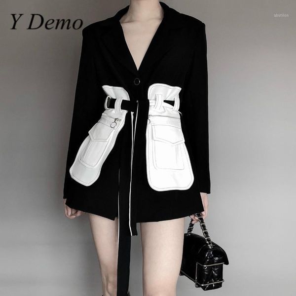 

women's suits & blazers y demo elegant chic long sleeve pockets blazer women belt high waist v-neck jacket female 2021 autumn clothing, White;black