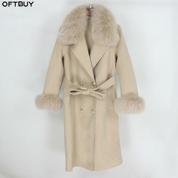 

oftbuy double breasted cashmere wool blends real fur coat winter jacket women natural fox fur collar and cuffs streetwear 201027, Black