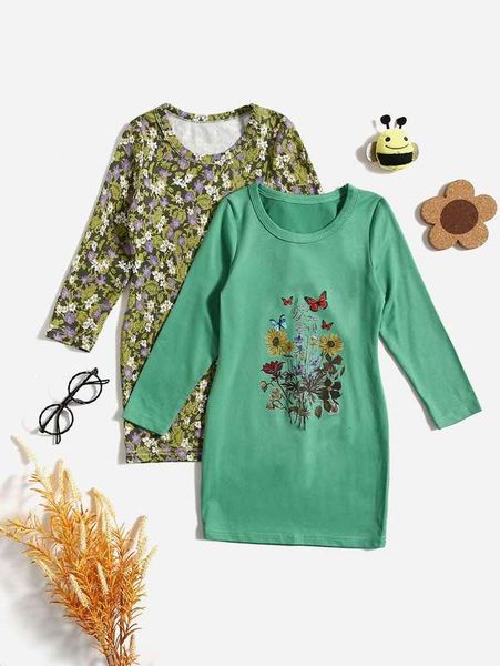 

toddler girls 2pcs butterfly & floral print dress she, Red;yellow