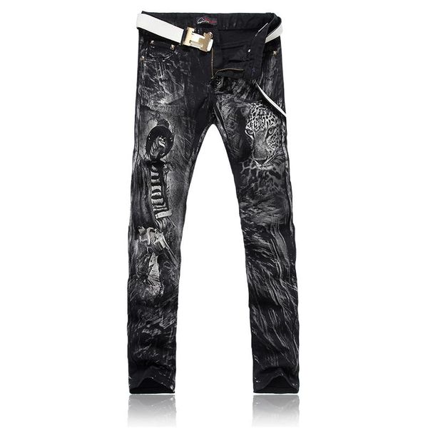 

men's west cowboy leopard print jeans male casual slim painting pants fashion black denim long trousers size 28-38, Blue