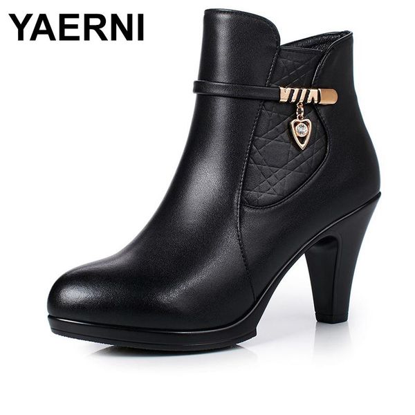 

boots yaerni 2021 winter genuine leather women's mar boots, warm fashion high-heeled women wool party ankle, Black