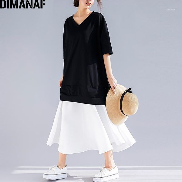 

casual dresses dimanaf plus size women dress summer sundress cotton female lady elegant vestidos v-neck spliced black loose long 2021 1, Black;gray