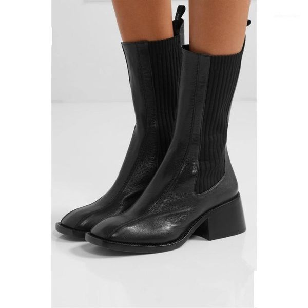 

boots designer fashion square toe block heel sock slim fit knitted elastic ankle winter shoes women1, Black