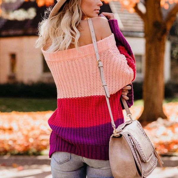 

loose knitted sweater women jumpers off shoulder woman pullovers sweaters casual 2020 autumn winter color block striped sweater, White;black