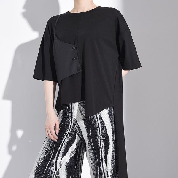 

eam] women black contrast color irregular big size t-shirt new round neck half sleeve fashion tide spring summer 2020 1w220, White