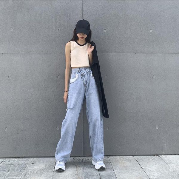 

women's jeans vintage women straight leg asymmetric waist loose high fashion casual summer denim pants jean for, Blue