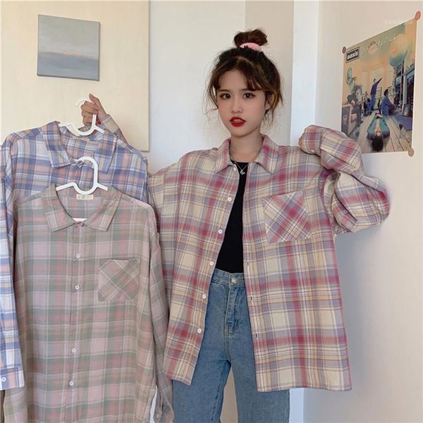 

autumn new product plaid long-sleeved shirt female jacket loose retro sweet and lovely temperament blouse female1, White
