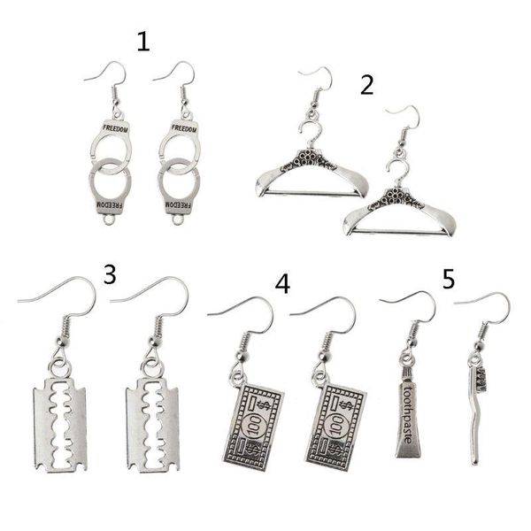 

dangle & chandelier creative antique handcuffs blade tooth brush coat hanger dollar drop earrings women creativity fashion jewelry, Silver