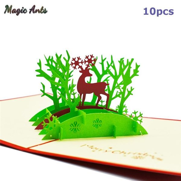 

10 pack merry christmas deer folding pop up cards with envelope stickers laser cut new year greeting cards gifts card handmade wmttgf