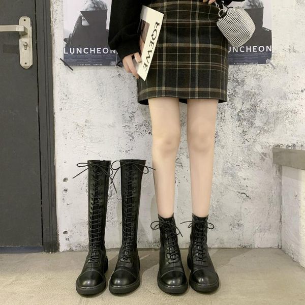 

boots 2021 shoes woman winter women's long round head front lace mid tube for chaussures femme platform shoes1, Black