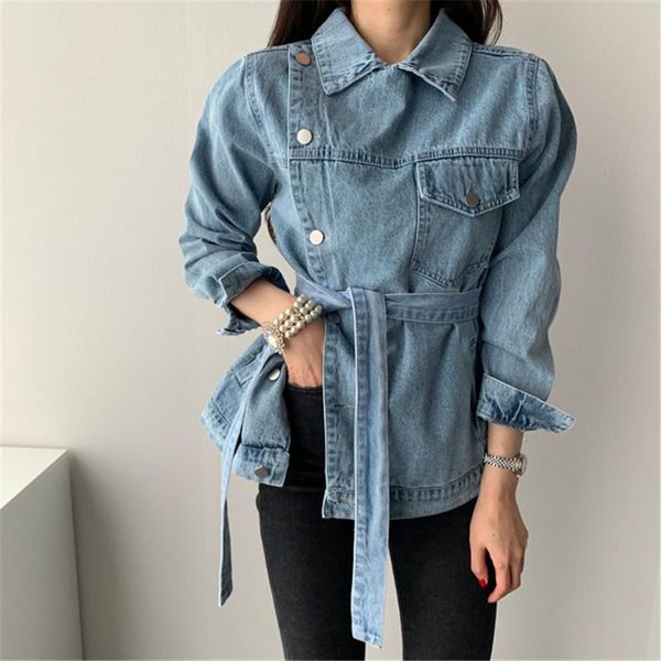 

fashion women long sleeve long slim denim jackets autumn chic slim belted blue basic coats single-breasted retro jacket jeans, Black;brown