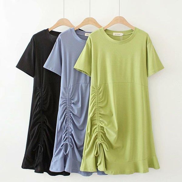 

2020 new fashion brand oversized dress women plus size dress a-line casual summer polyester short o-neck solid natural regular1, Black;gray