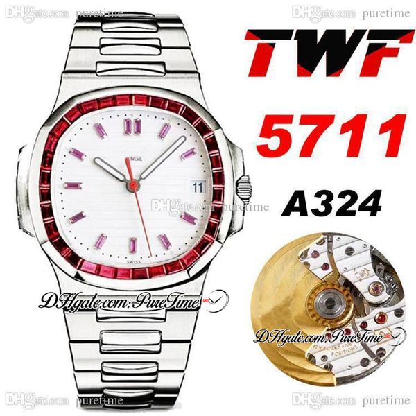 

twf jumbo platinum ruby bezel 5711 white texture dial a324 automatic mens watch hip hop bling jewelry edition ptpp 2021 puretime e166a1, Slivery;brown