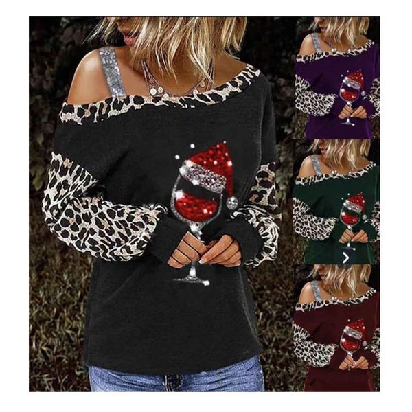 

wholesale customized leopard shoulder women's fall winter new fashion leopard print stitching printed t-shirt long sleeve pullover, White