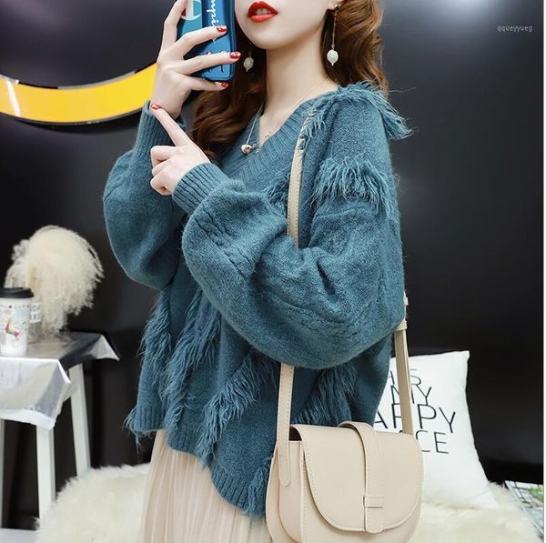 

women's sweaters 2021 autumn winter v-neck women's blouses and pullovers korean tassel long sleeve loose sweater warm knit jumper1, White;black