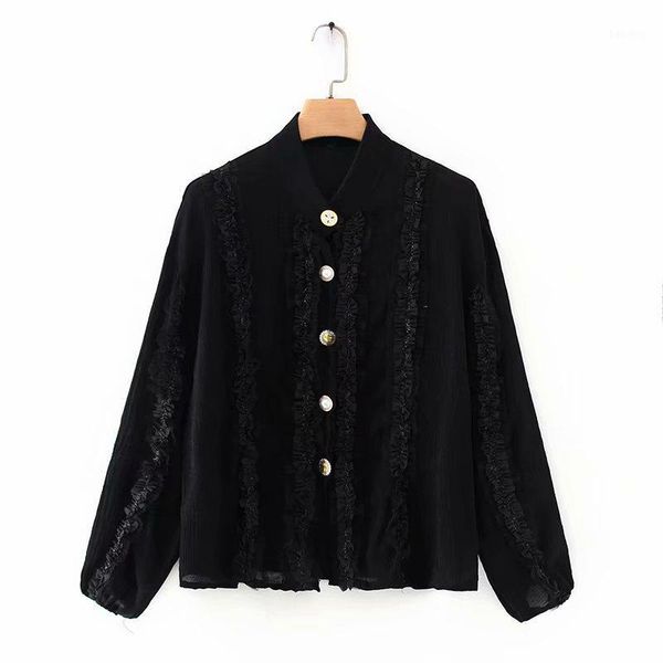 

women stand collar agaric lace appliques casual black white shirts blouses women long sleeve button roupas femininas ls63561