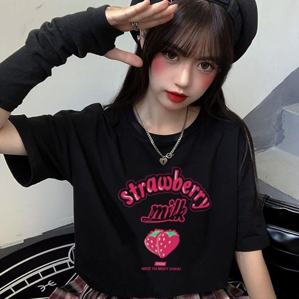 

japan cute strawberry milk cartoon sweet girls summer punk streetwear chic casual kawaii fun casual vintage women t-shirt, White
