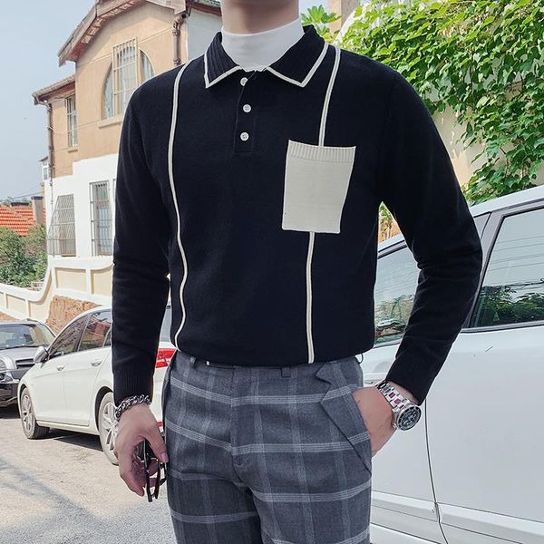 

fall winter men's sweater long-sleeved casual knitted pullovers white black vintage british contrast color slim knitwear