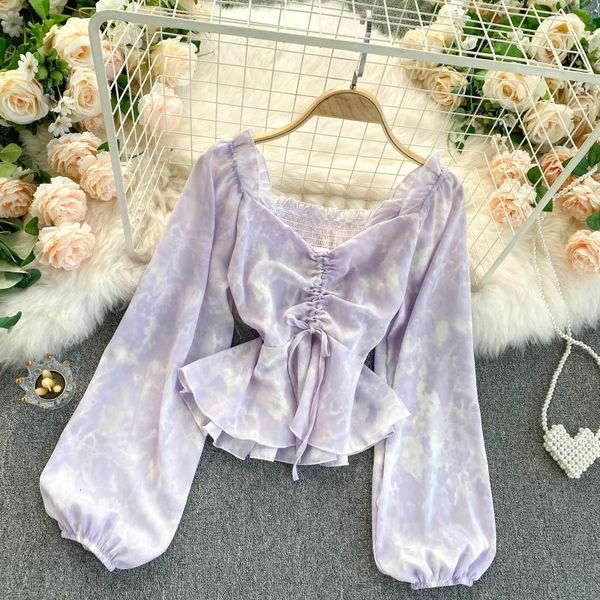 

2021 new female singiny tie dye blouse autumn cord puff ruffles elastic fashion frilly sweaters n58u, White