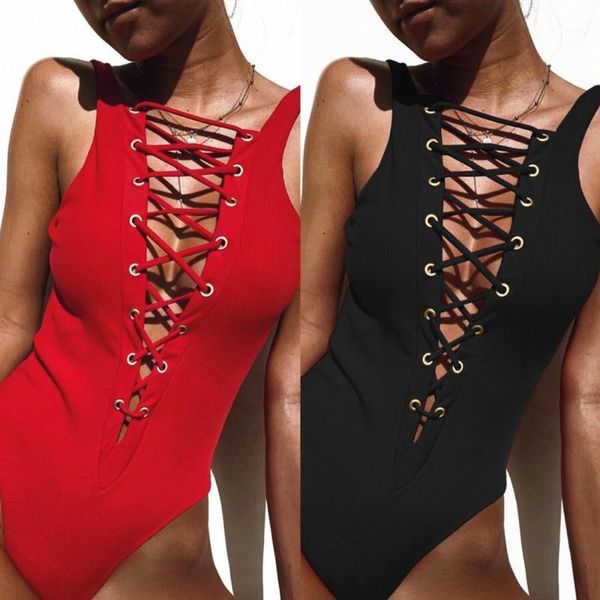 

red one piece swimsuit black 2019 bodysuits swimwear women deep v bandage bikini push up female beachwear cut out monokini1, White;black