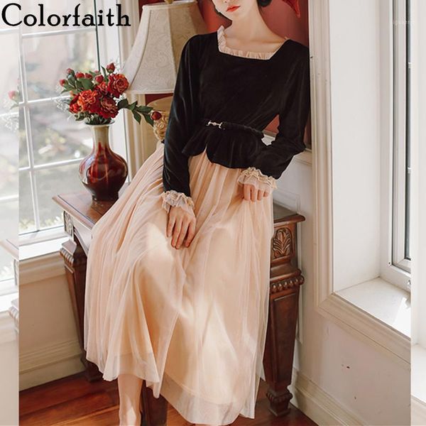 

colorfaith new 2020 spring autumn women dresses velvet patchwork mesh square collar sashes zipper high waist casual dress dr8931, Black;gray