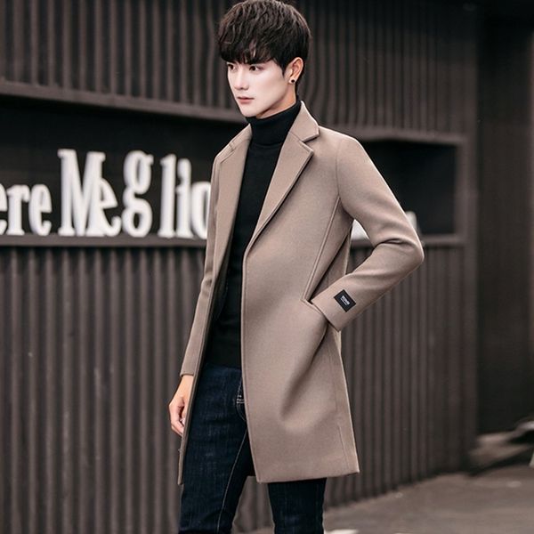 

windbreaker mid long 18 korean slim wool trend large men's coat, Tan;black