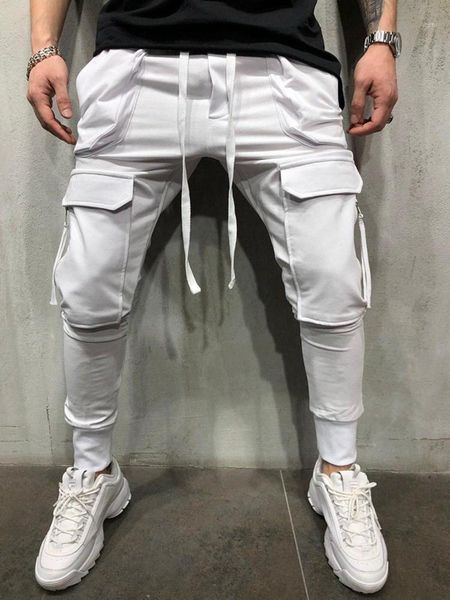 

2020 3 color mens pants elastic skinny motorcycle slim fit sports men's multi-pocket zipper pencil pants fashion casual trousers1, Black