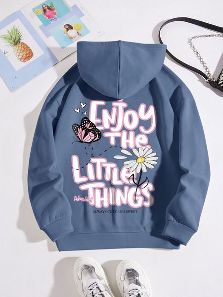 

butterfly & slogan graphic drawstring thermal hoodie 79zs#, White;black