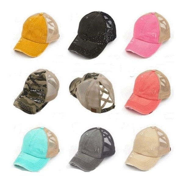 

criss-cross ball caps women ponytail baseball cap leopard camouflage washed cotton hats trucker caps summer snapback sport visor h2305, Yellow