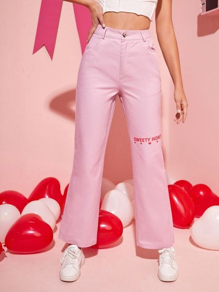 

slogan graphic high waist straight leg pants b3zw#, Black;white