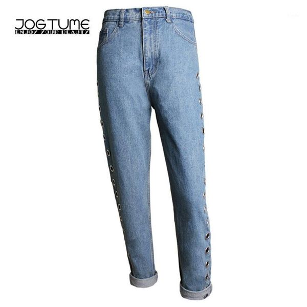 

100% cotton women jeans high waist metal jeans button blue fashion casual loose ladies long pants boyfriend style