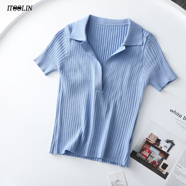 

itoolin crop female polo shirts summer short sleeve t-shirt women's vintage clothes ribbed solid slim knit cropped tees 220314, White