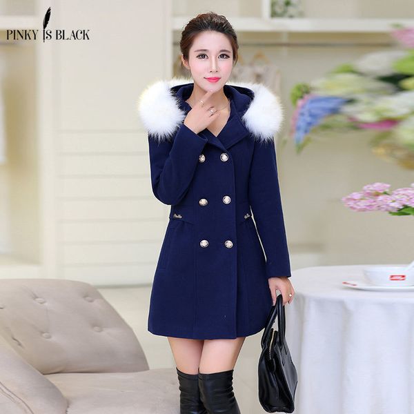 

pinky is black winter coat women woolen outerwear female slim medium-long double breasted fur collar wool coat casaco femin lj201106