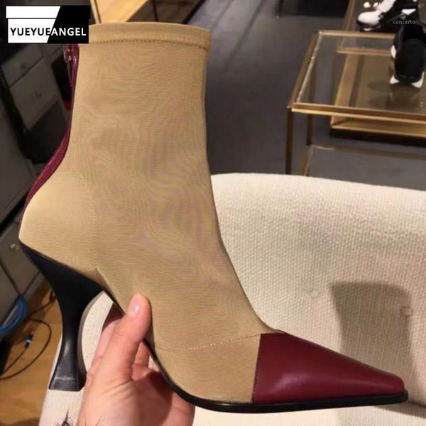 

fashion women colors mixed stretch ankle boots high heels square toe elegant ladies shoes genuine leather patchwork runway boots1, Black