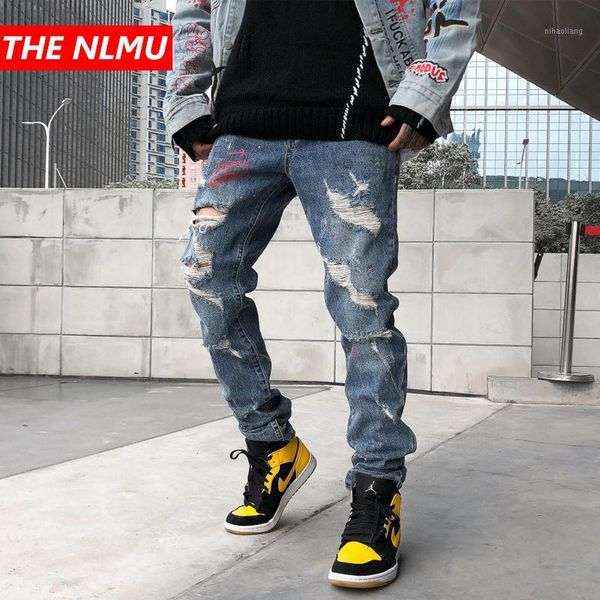 

men's jeans skinny hole men streetwear destroyed ripped homme hip hop broken graffiti print pencil biker denim pants wg6681, Blue