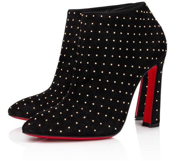 

original box] winter fashion brands women's booties red bottom eleonor ankle boots pointed toe red sole ladies high heels wedding part, Black