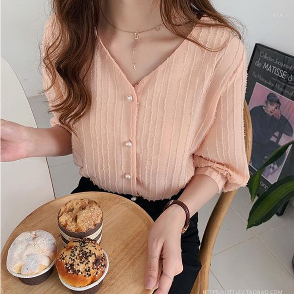 

long sleeve office women v neck pearl buttons casual solid shirt brief formal comfy blouse blusas mujer de moda 20201, White