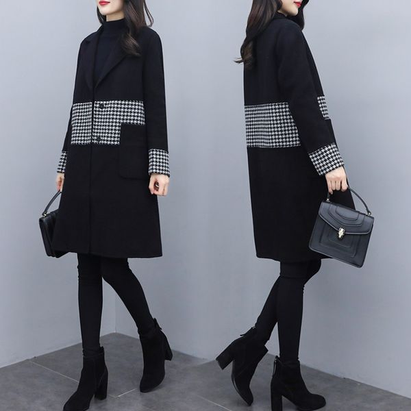 

and autumn 2021 new winter mid-length korean-style fashion houndstooth sewing short-height wool jacket for woman 76as, Black