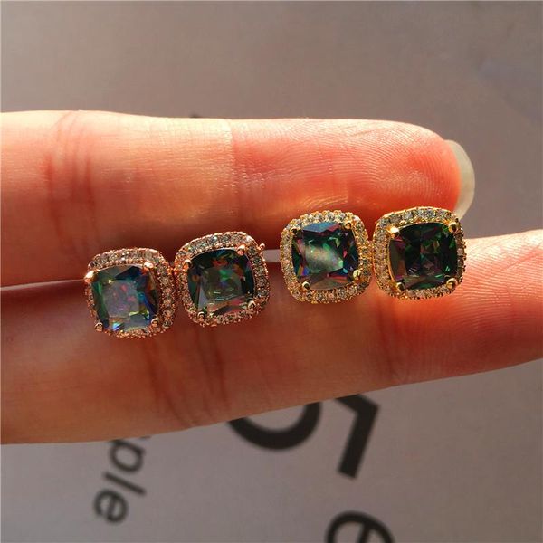 

charm female rainbow colorful zircon stone earrings yellow gold square stud earrings jewelry vintage wedding for women, Golden;silver