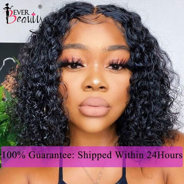 

lace wigs curly human hair bob 4x4 closure brazilian deep wave front for black women ever beauty remy, Black;brown
