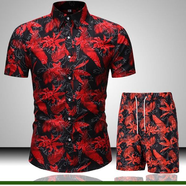 

mens sets summer fashion floral print shirts men+shorts 2 pcs suits men short sleeve shirts casual male clothing sets tracksuit, Gray