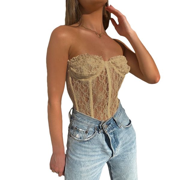 

lace women corset nude black strapless t shirt clubwear 2021 ins girl tees ing, White