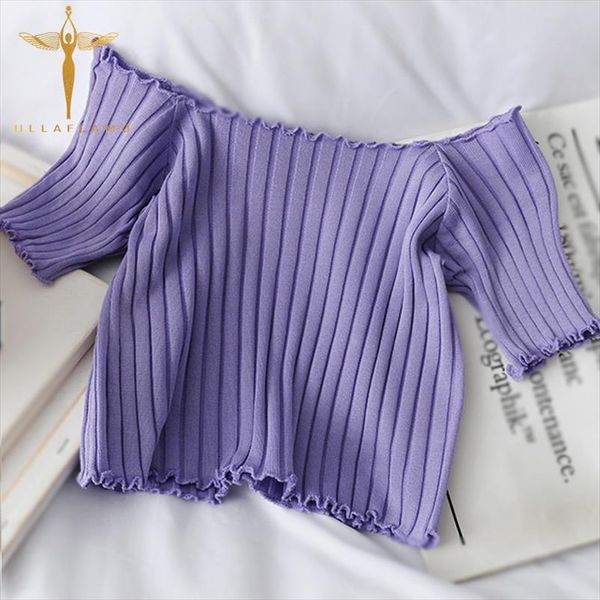 

off shoulder t shirt women knitting crop fashion short sleeve skinny cotton tshirt korean clothing summer women tshirt, White