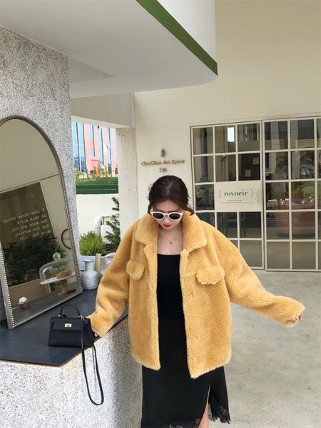 

women's fur & faux chenille coat medium-length leather and in one lalambswool loose 2021 winter style, Black